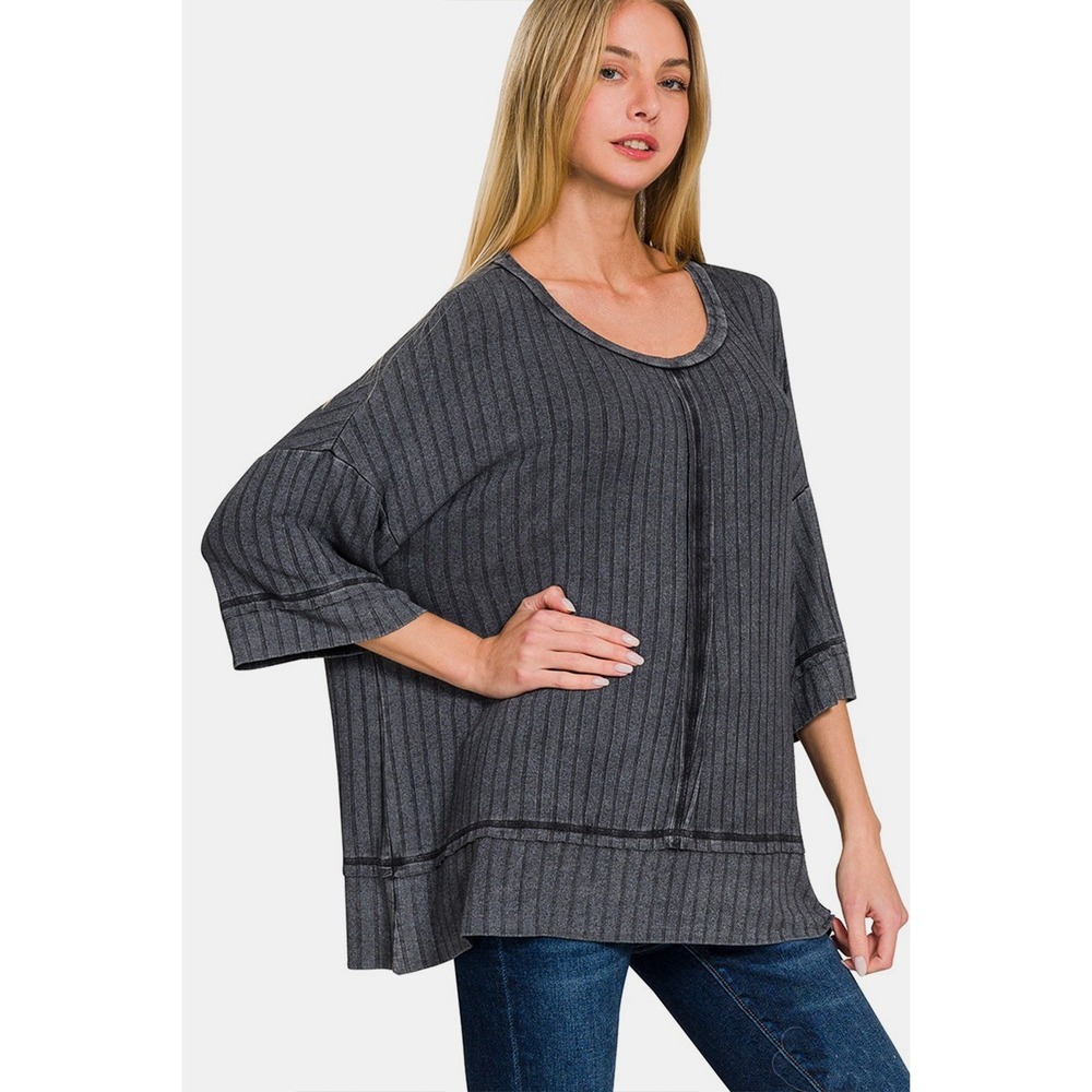 Zenana Washed Ribbed Drop Shoulder Half Sleeve Top - S/M